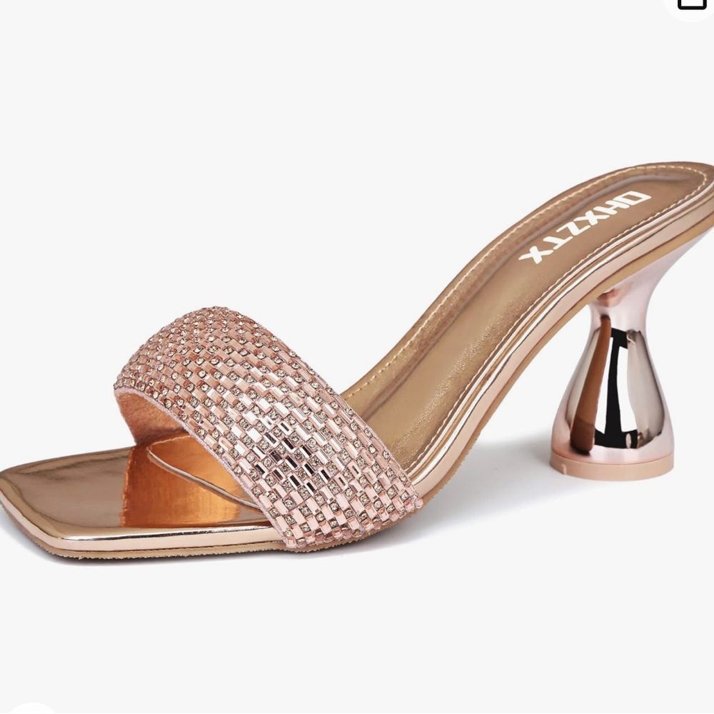 Rose Gold Kitten Heels Rhinestone Slide Sandals 7.5